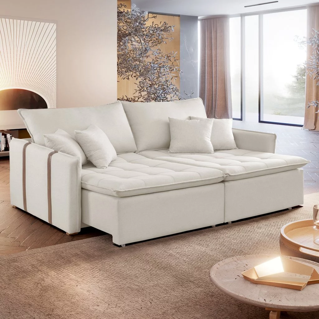 Sofá Cama em Madeira Eucalipto 200cm Detroid Yescasa Veludo Veludo Bege Claro