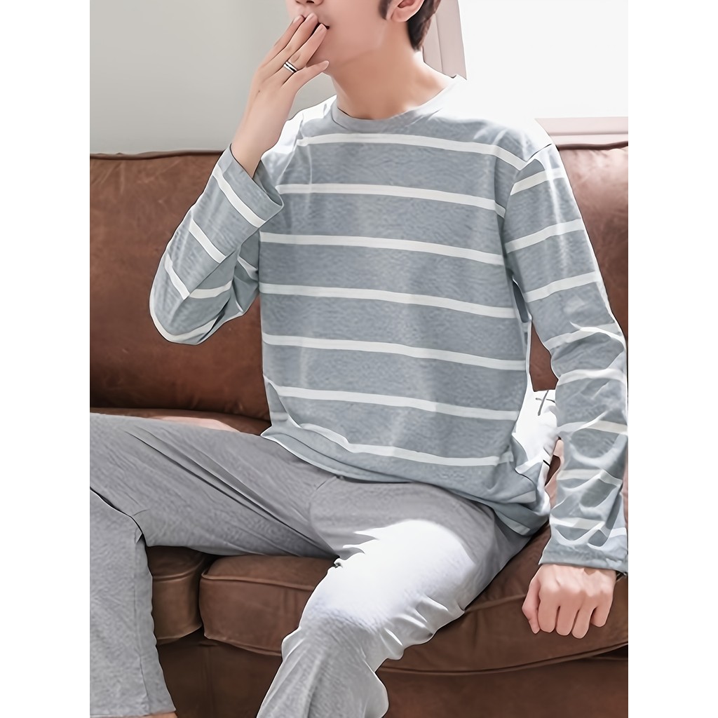 2025 novo estilo pijamas masculinos conjunto-listras de manga comprida, fino, primavera outono verão Homewear em Oferta na Shopee