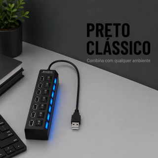 Hub USB 2.0 com 7 Portas, Interruptores Individuais e LED – Expansor Plug & Play para Notebook e PC