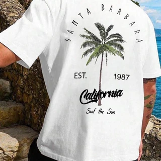 Camiseta Masculina Estampada Santa Barbara California Coqueiro Algodão Premium Streetwear Praia Verão Casual Unissex