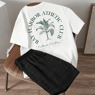 Kit Conjunto Masculino Camiseta Coqueiro Harbor Athletic Club Casual Streetwear Verão Praia Tropical Manga Curta
