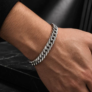 Pulseira Masculina Elo Duplo Grossa 9mm Aço Inox Prata 22cm