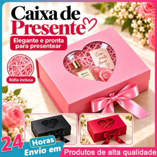 Caixa de Presente Coração com Janela Transparente Laço de Cetim e Ráfia para Namorados Aniversário