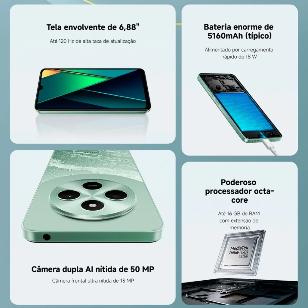 Celular Xiaomi Poco C75 Verde 8GB 256GB RAM Versão Global NFC Envio Imediato Tela 6.88 Bateria 5160 mAh
