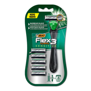 Barbeador descartável Flex3 Hybrid Sensitive recarregável Preto + 5 lâminas Bic em Oferta na Shopee