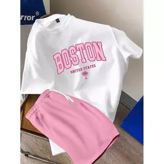 Conjunto Masculino Camiseta Boston Algodão Premium Bermuda Linho Casual Streetwear Verão Urbano Juvenil Confortável