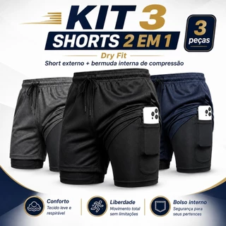Kit 3 Bermudas Masculinas 2 em 1 Dry Fit Academia Corrida Compressão Bolso para Celular