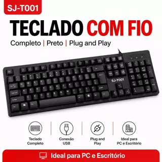 Teclado com Fio Preto Full Size com Numérico Conexão USB Plug and Play Ideal para PC e Notebook Confortável e Estável