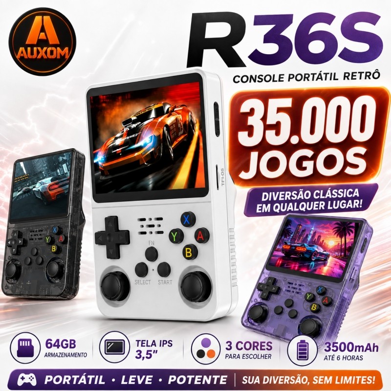 Console Portátil R36S + de 25.000 Jogos Vídeo Game 64g Linux Tela IPS 3,5 Polegadas - 3 Cores