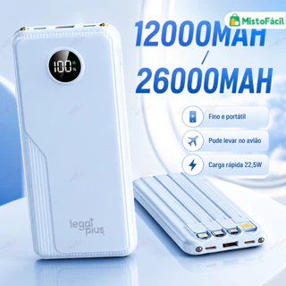 Carregador Portátil Compacto 12.000 e 26.000mAh 22,5W PD Carregamento Rápido Tela Circular 4 Cabos Universal