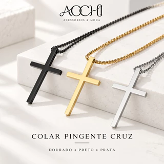 AOCHI Colar Unissex com Pingente de Cruz Minimalista Corrente Masculina Feminina Dourado Prata Preto