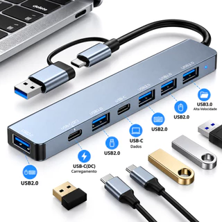 Hub USB e Type-C 7 em 1 Com Portas USB 3.0 USB 2.0 e Suporte BC1.2