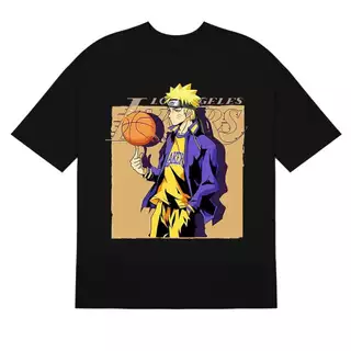 Camiseta Preta Oversized Unissex com de Moda Personagem de Anime Los Angeles Lakers"