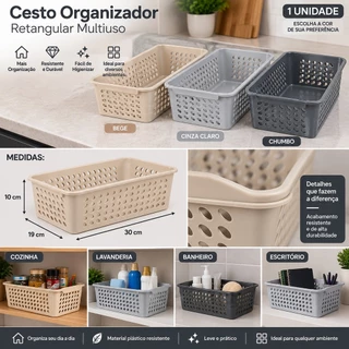 Cesto Organizador Retangular Plástico Multiuso Preto para Cozinha Armário Gaveta Lavanderia
