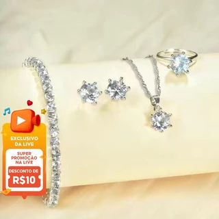 Conjunto De Joias De Pérola Elegante Para Mulheres Colar Brincos Pulseira Anel 4 Peças (Apenas Prata)