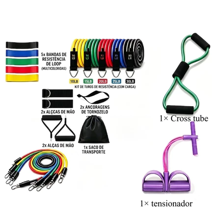Kit 18 Itens Faixas Elásticas Fitness Extensor Musculação Treino em Casa Yoga Pilates Academia