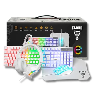 Combo Gamer 4X1 Teclado Mouse Headset Mousepad Clanm Snow Led RGb Branco
