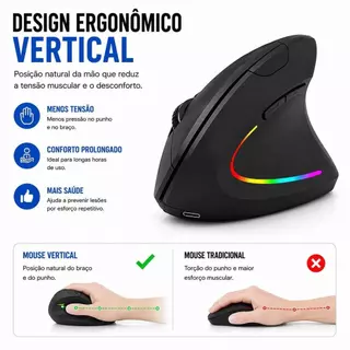 Mouse vertical sem fio, dual mode Bluetooth 2,4 GHz recarregável design ergonômico com LED