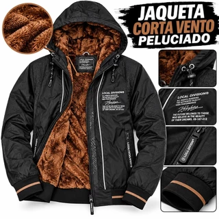 Jaqueta Corta Vento Com Capuz de Nylon Com Forro Peluciado