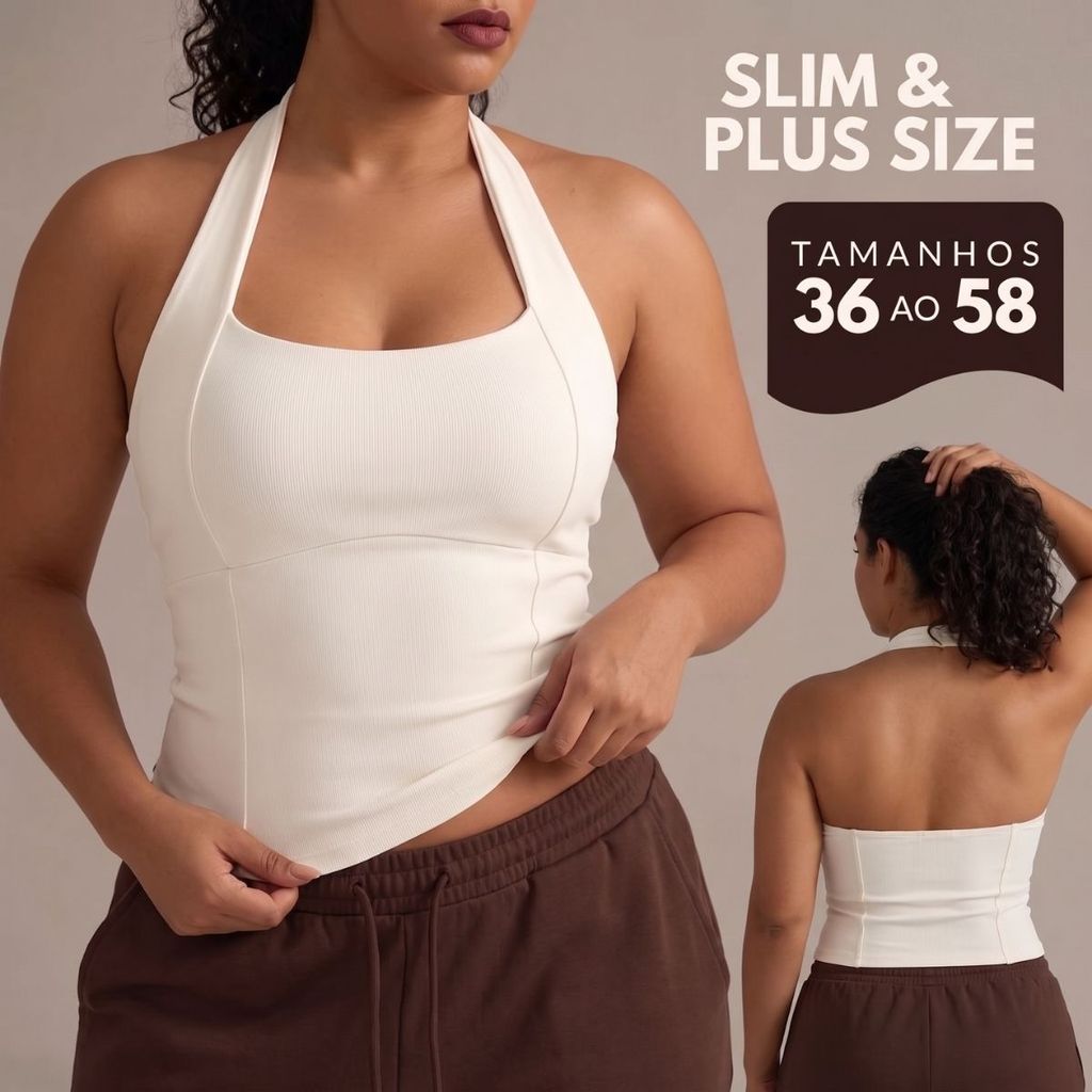 Blusinha Feminina Plus Size Estilosa Tendência Branca Regata Halter Vintage Frente Unica Tamanho 36 A 58