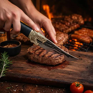 Faca Dragão Churrasco estilo Artesanal Aço Inox Picanheira Profissional Afiada Cozinha Carnes Cabo Texturizado Preto