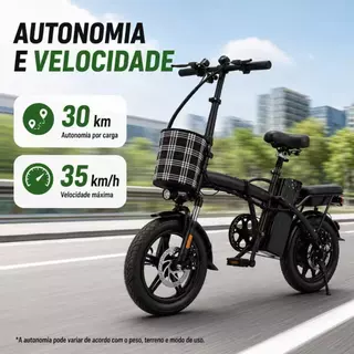 Bicicleta Elétrica Dobrável 35km/h Autonomia de Até 30km com Cesta e Banco Confortável