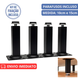 Kit 4 Pés Para Móveis Regulável Quadrado Preto 10cm 15cm