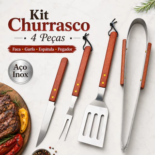 kit Churrasco 4 Peças Aço Inox com Faca Garfo Espátula e Pegador Cabo Amadeirado