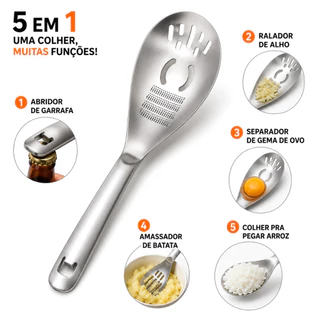 Colher 5 em 1 de Aço Inoxidável Multifuncional com Ralador de Alho, Amassador de Batata, Separador de Gema e Abridor
