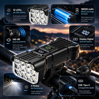 Farol Bike 3 em 1 12 LED Buzina Recarregável Tipo-C À Prova D'água Alta Luminosidade Pedalada Urbana e Noturna