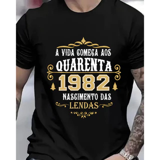 [Camiseta Premium em Algodão Puro]TAC Masculino Short - Sleeve Com Letras e Anos 1982, Estilo Vintage, Cor Cinza, Ideal