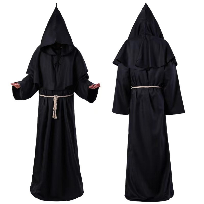 Halloween COS Medieval monge robe com capuz preto robe Pastoral traje ...