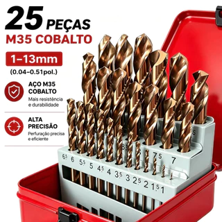 Jogo de Brocas HSS Aço Rápido 25 Peças, Ferramenta de Furação para Ferro e Metais Oficina