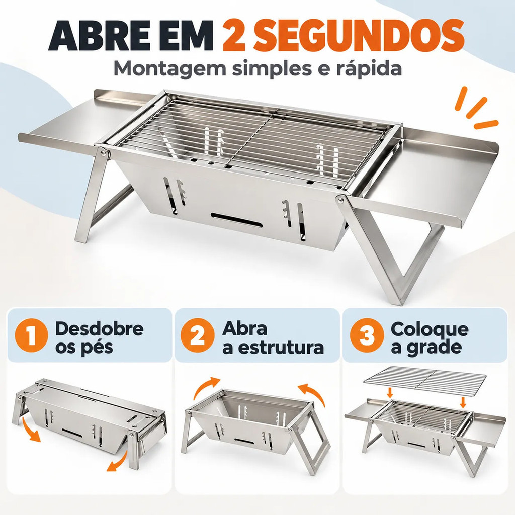 Churrasqueira Portátil Dobrável Inox c/ 2 Grelhas, Bolsa, Luvas e Espetos – p/ Churrasco, Camping, Piquenique, Praia