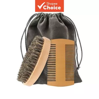 2 peças de conjunto de barbear masculino: escova de barba de cerdas e pente de barba de madeira de dupla face,