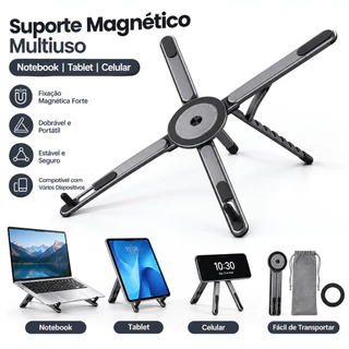 Suporte Magnético 3 em 1 p/ Celular, Tablet e Notebook Dobrável