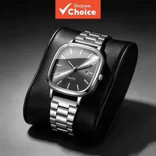 Relógio de Pulso Masculino Quadrado Fashion, Aço Inoxidável, Quartzo, com Visor de Data e Calendário (Sem Caixa)