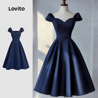 Lovito Vestido Elegante com Pregas Primavera/verão Vestido Azul Marinho para Mulheres L143ED089
