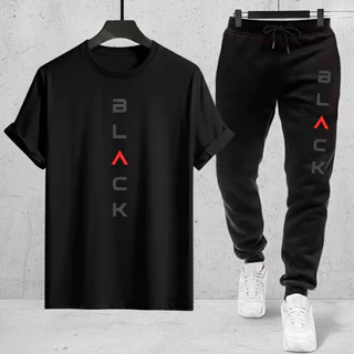 Kit Conjunto Camiseta e Calça moletom Moda masculina camiseta casual Black Malha Algodão + calça Moletom Com bolso
