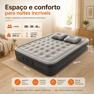 Colchão Inflável Casal Premium 200x150x40cm Bomba Elétrica USB Recarregável 2 Travesseiros Infla Rápido para acampamento