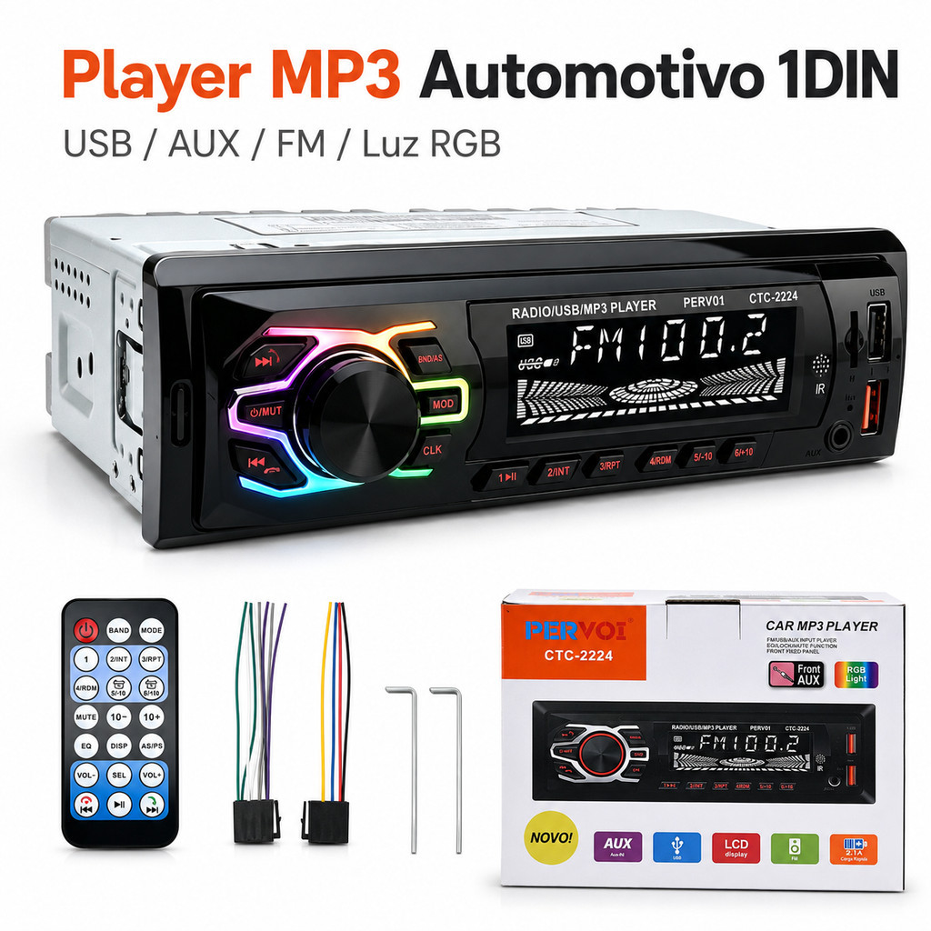 Rádio Automotivo Universal 1 DIN MP3 Player Bluetooth Rádio FM LED 80W ...