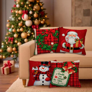 Almofadas Decorativas de Natal Kit 4 Capas Papai Noel Feliz Natal 45x45 cm
