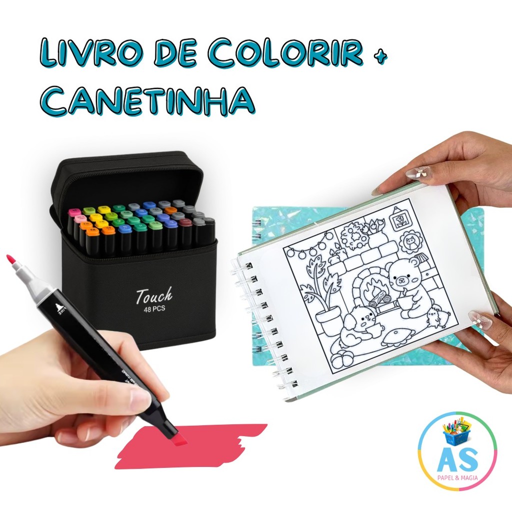 Kit Livro De Colorir Capa Dura 50 Paginas + 24/36/60/80/ Cores Caneta ...