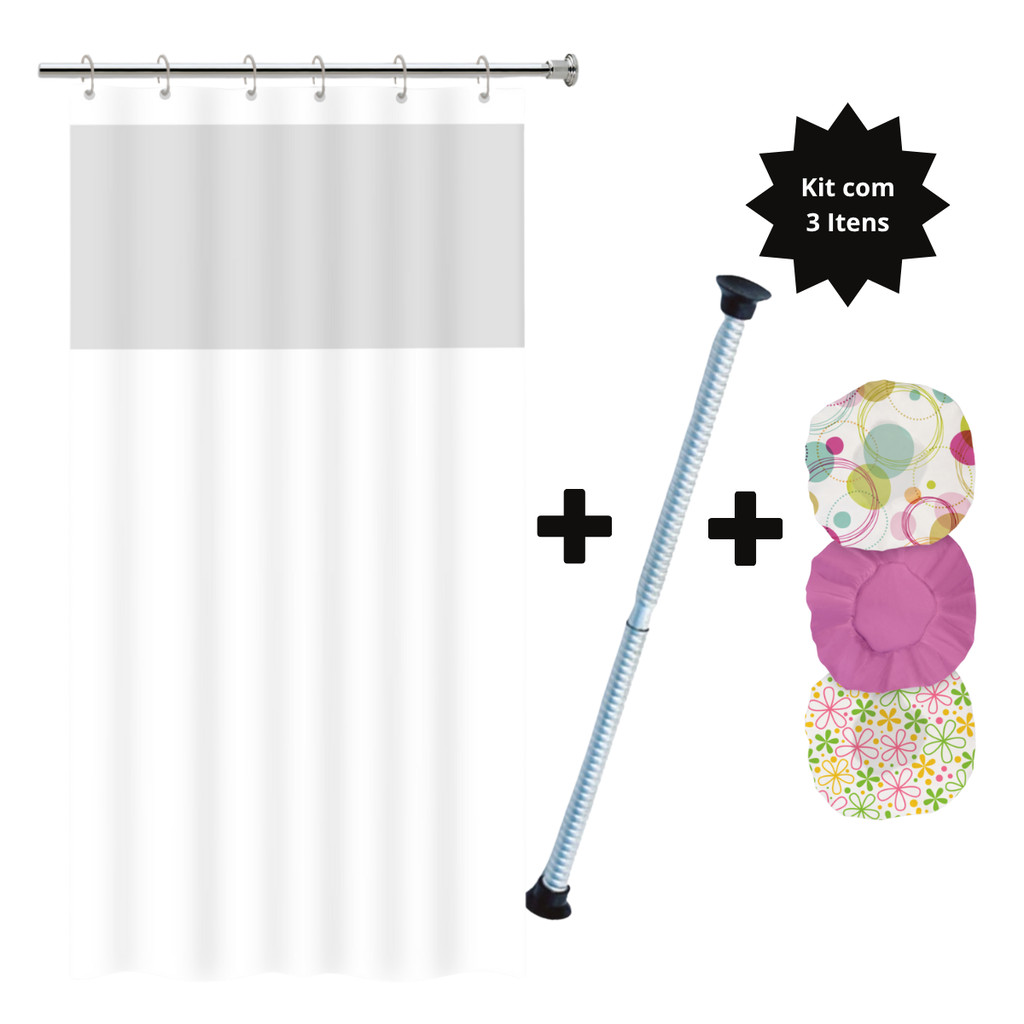 Kit Cortina Box Banheiro + Varão de cortina + 3 Toucas