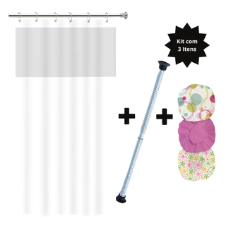 Kit Cortina Box Banheiro + Varão de cortina + 3 Toucas