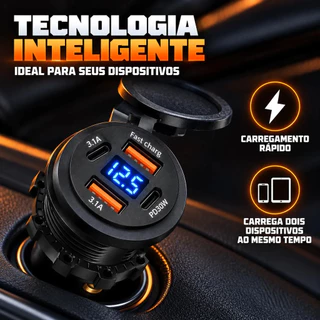Tomada Carregador Usb Veicular Qc3.0 + Saída Tipo C Pd Botão Liga E Desliga Com Voltímetro E Chicote 12v-24v Display Led