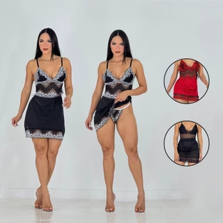 Camisola Sexy Com Calcinha Renda Lingerie Alcinha Sensual Pijama Feminino em Oferta na Shopee