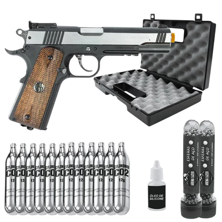 Pistola Wingun 1911 CO2 4,5mm Metal + Kit 12 CO2 + 1000 Esferas + Maleta + Óleo