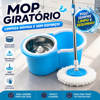 Mop desaguador automático giratório 360° Cabo aço Inox Cesto aço Inox com balde