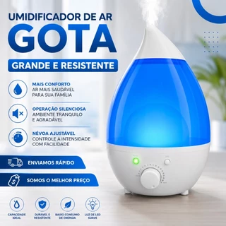 Umidificador de Ar Ultrassônico Gota 1,3L LED Bivolt Silencioso com Controle de Intensidade